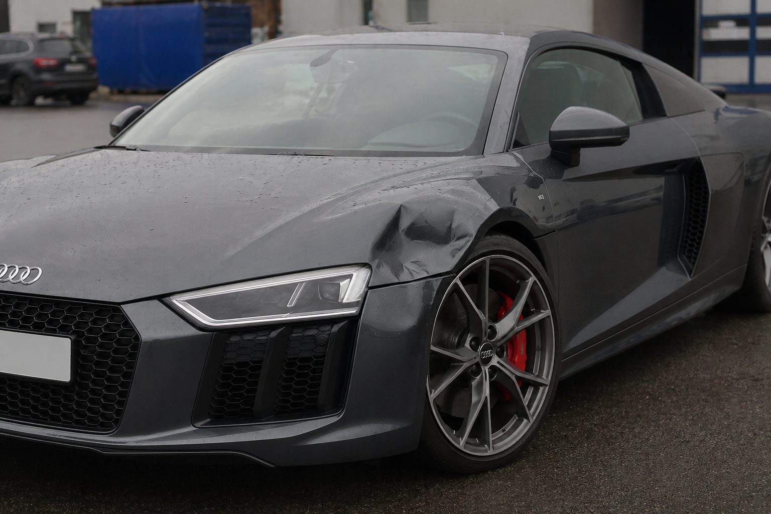 Пошкоджений Audi R8 після ДТП: вм’ятина переднього правого крила для онлайн-оцінки вартості ремонту авто